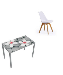 CONJUNTO MESA FLORES FIJA + 4 SILLAS FINA BLANCAS