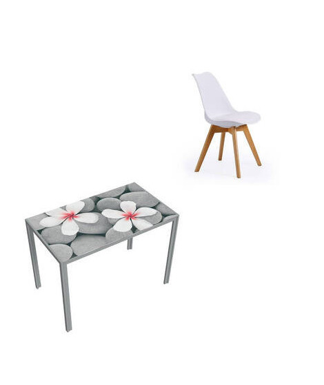 CONJUNTO MESA FLORES FIJA + 4 SILLAS FINA BLANCAS