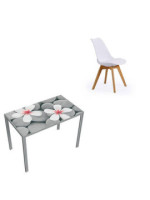 CONJUNTO MESA FLORES FIJA + 4 SILLAS FINA BLANCAS