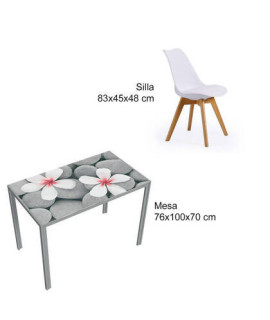 CONJUNTO MESA FLORES FIJA + 4 SILLAS FINA BLANCAS