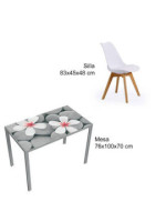CONJUNTO MESA FLORES FIJA + 4 SILLAS FINA BLANCAS